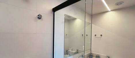A modern bathroom with a glass shower enclosure, a white sink, and a toilet.