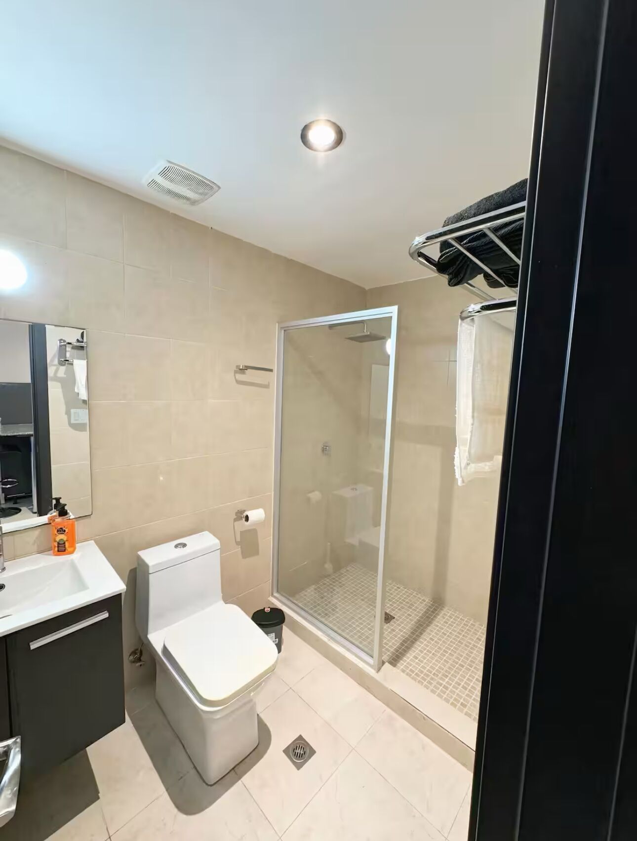 Un baño moderno con inodoro, lavamanos y ducha envuelta en vidrio.
