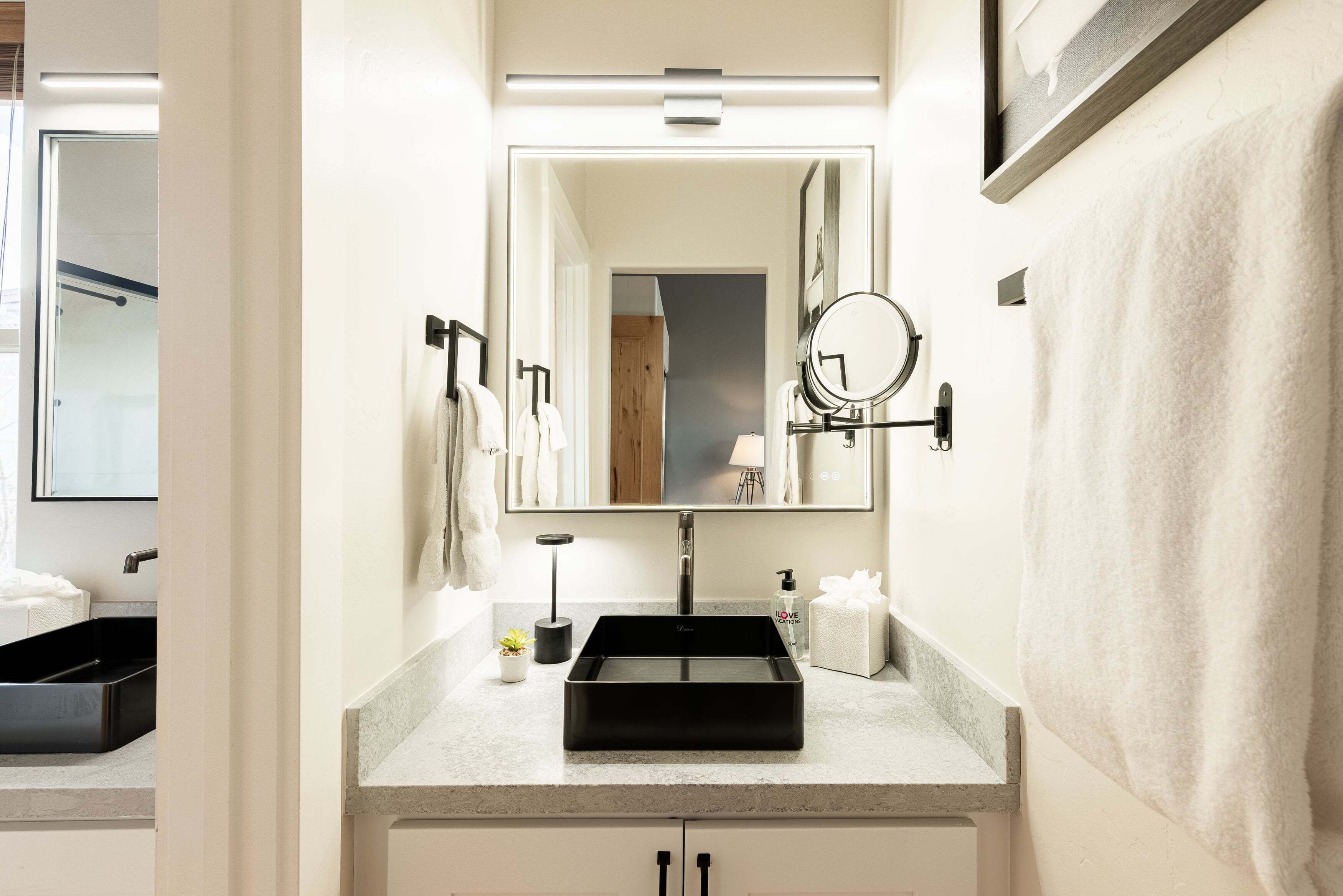 Une salle de bain avec un lavabo noir, un miroir à cadre rond, un porte-serviettes et une petite plante en pot posée sur le comptoir.