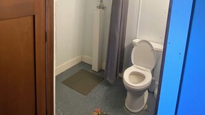 A bathroom with a shower, toilet, and a wooden door. - The Galactic Getaway - Lakeside Tiny Home Rental - Queen Bed (Luverne)