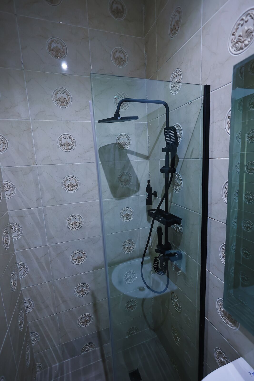 Ducha con cerramiento de vidrio, cabezal de ducha manual y otro fijo en el techo.