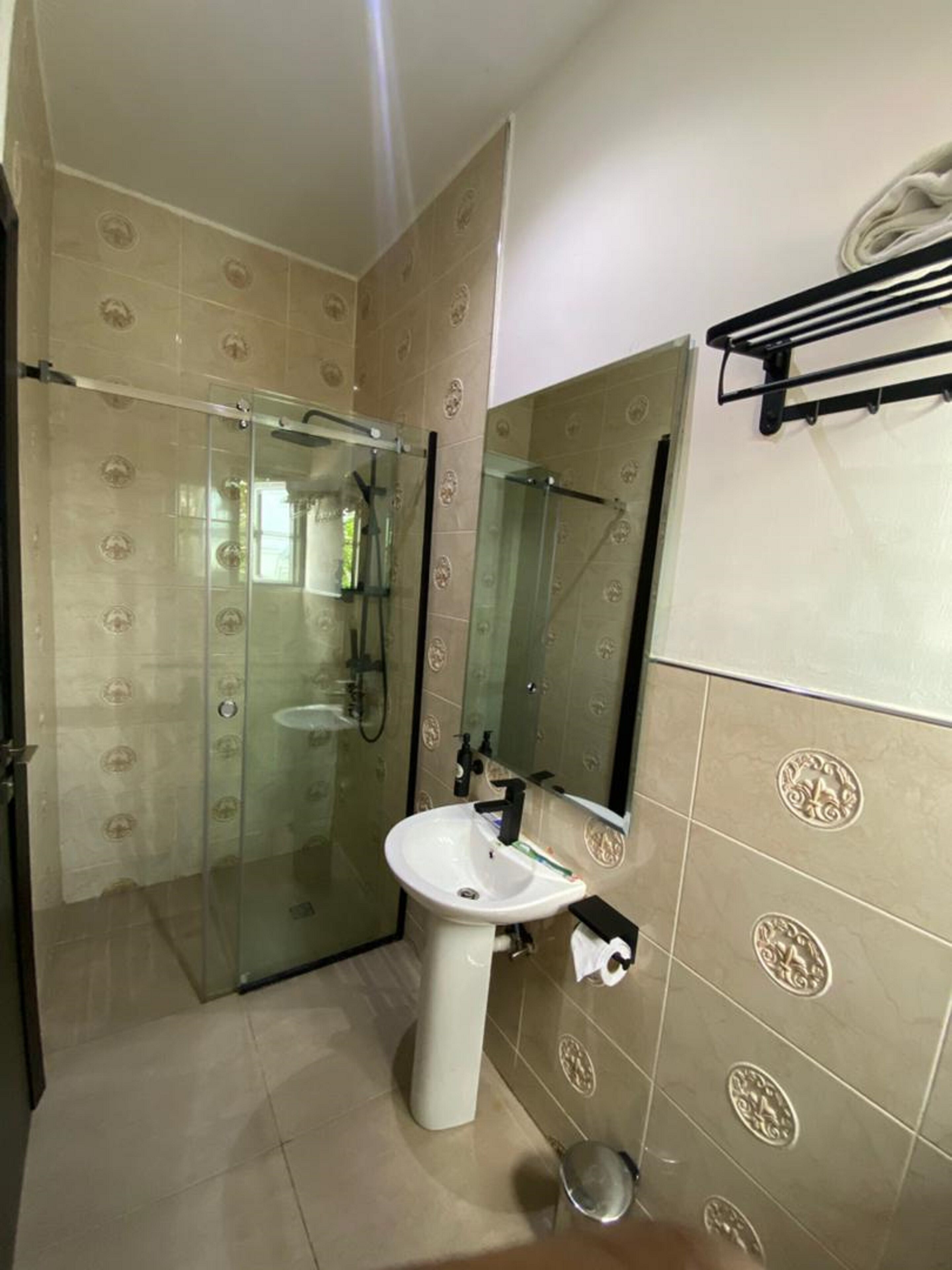 A bathroom with a glass-enclosed shower, a pedestal sink, and a wall-mounted towel rack.
