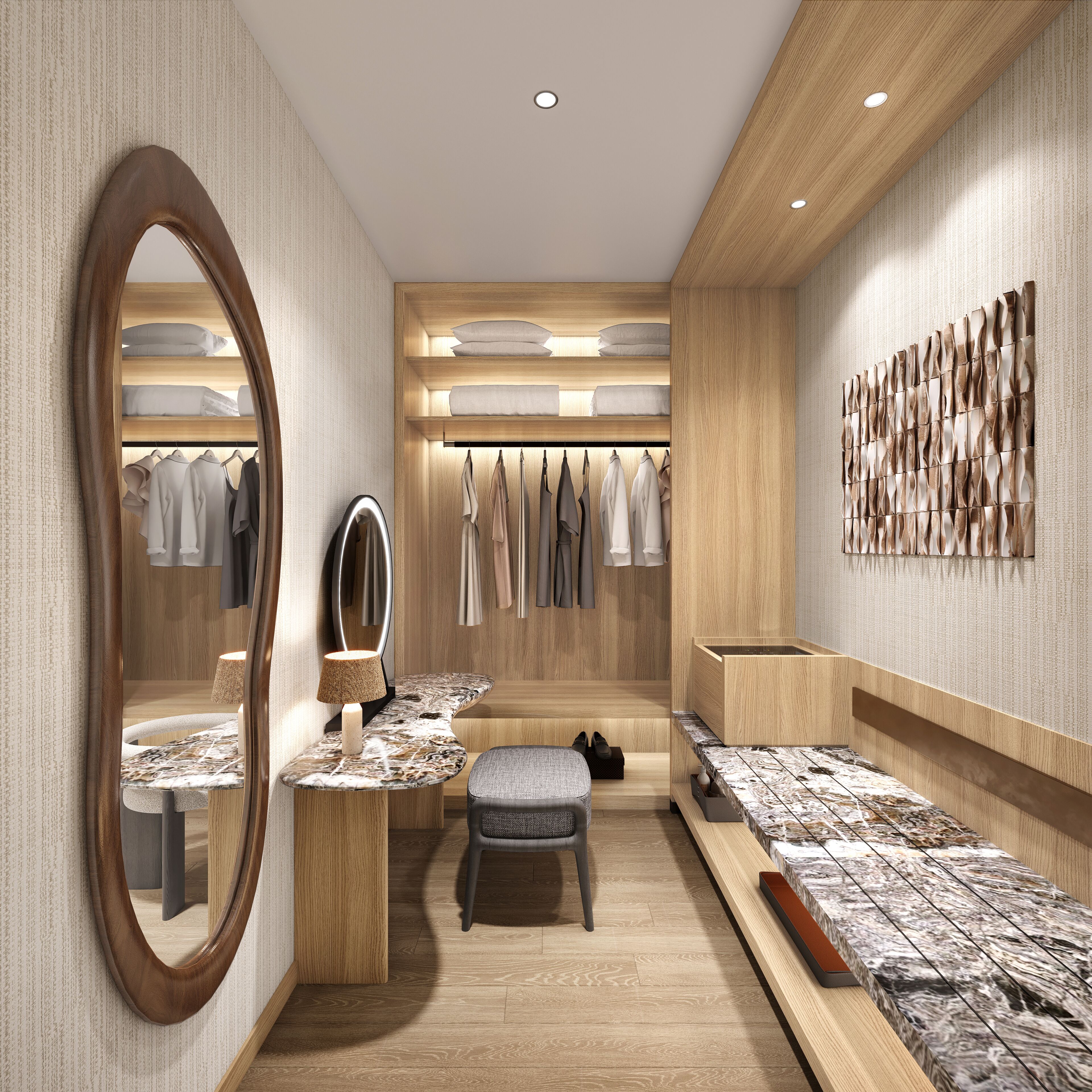 A modern bathroom with a vanity, mirror, towel rack, and a wall-mounted towel rack.