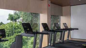 Un gimnasio con cintas de correr, bicicletas estáticas y un amplio ventanal con vistas al verdor.