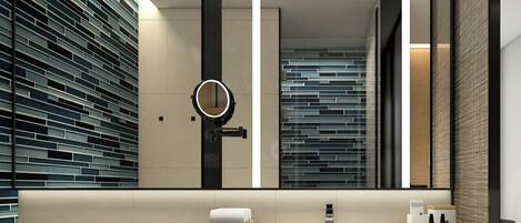 Shower, rainfall showerhead, hair dryer, slippers