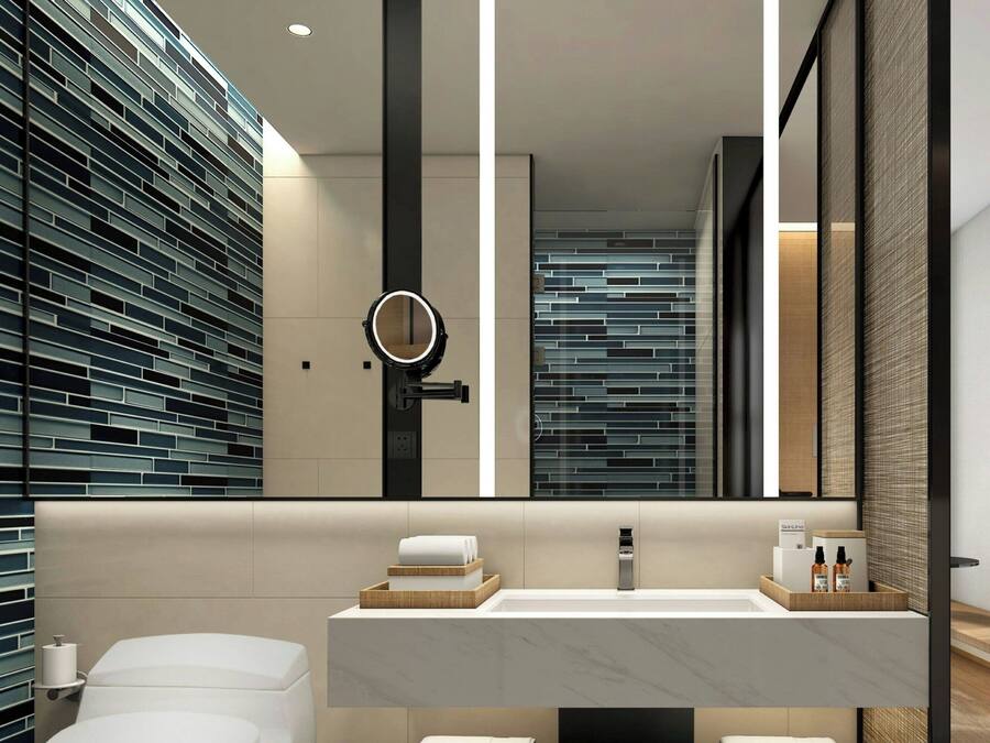 Shower, rainfall showerhead, hair dryer, slippers