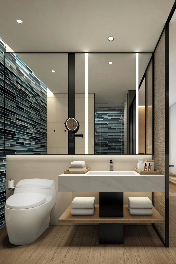 Douche, douche à « effet pluie », sèche-cheveux, chaussons