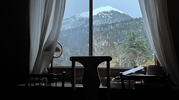 A room with a large window, two chairs, a table, and a potted plant.