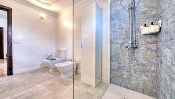 Shower, hair dryer, towels, toilet paper