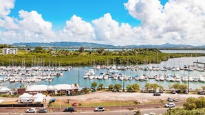 A marina with numerous boats docked, surrounded by greenery and a clear sky.