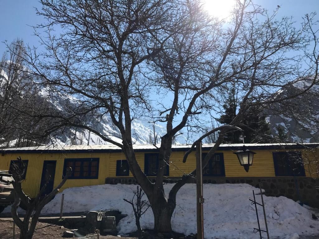 Ein gelbes Gebäude mit schneebedecktem Grund, ein Baum davor und ein klarer Himmel.