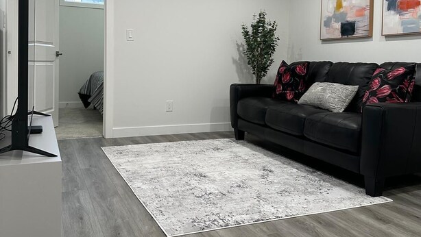 A modern living room with a black leather sofa, a white rug, and a plant. - Luxury 2 Bedroom Basement Suite in NW, Calgary (Calgary)
