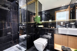 Douche, séchoir à cheveux, serviettes fournies
