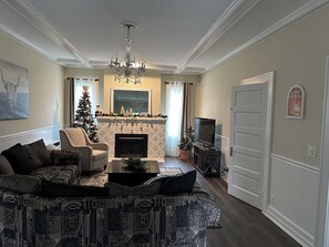 Smart TV, fireplace, DVD player, books