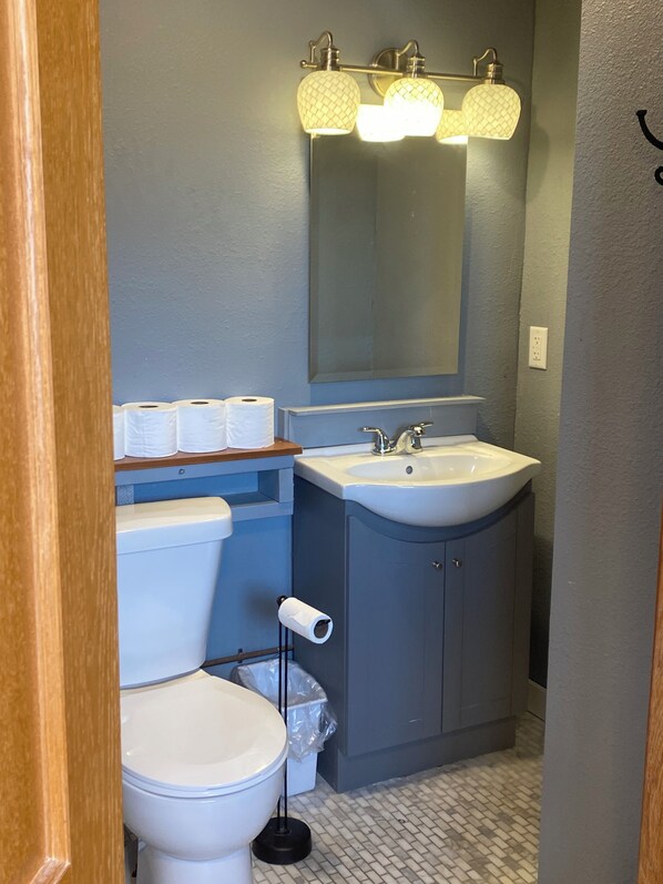 Baño con inodoro, lavabo y espejo.