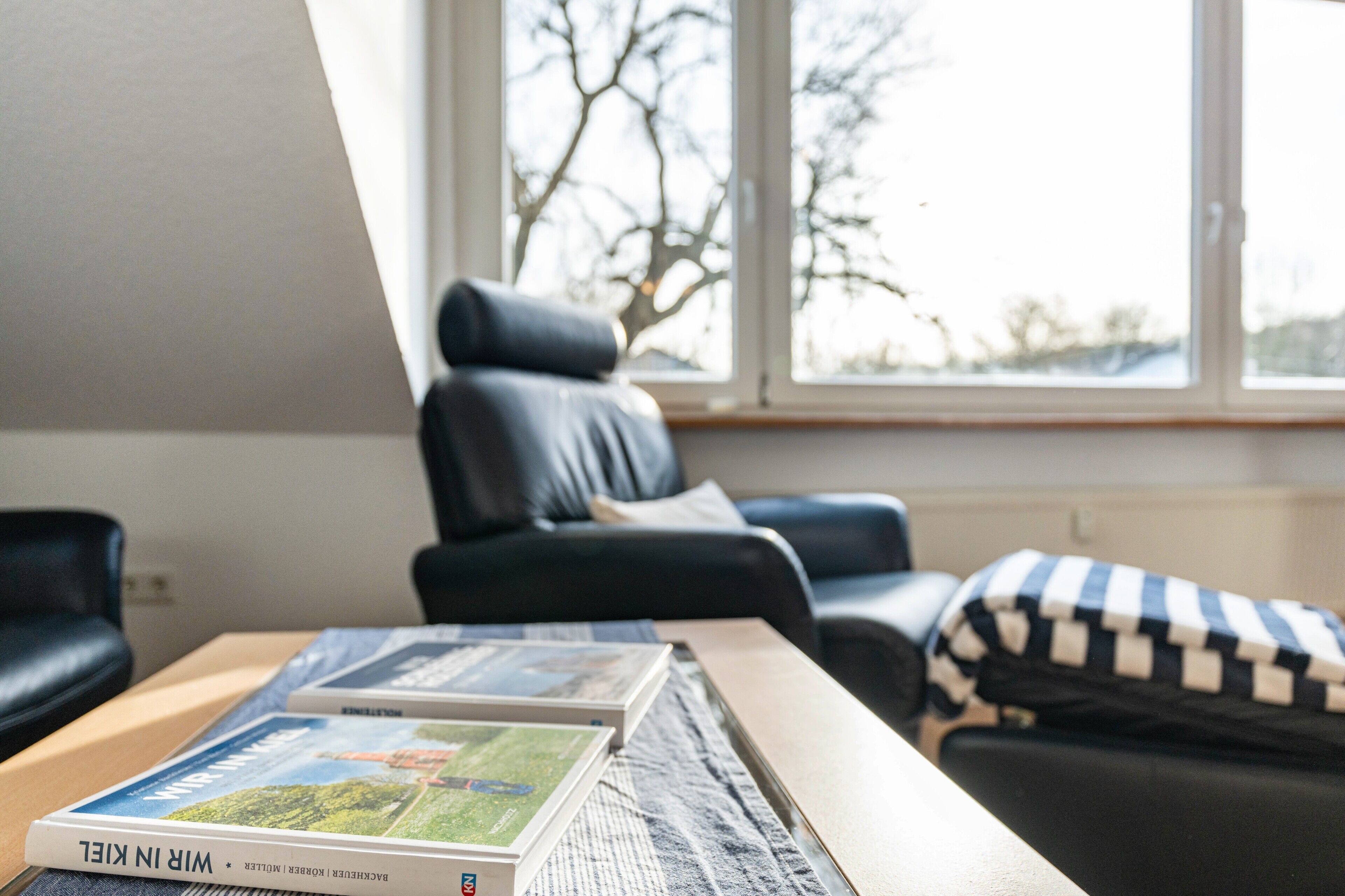 Une pièce avec un canapé, une fenêtre donnant sur un beau paysage et une table avec des livres.