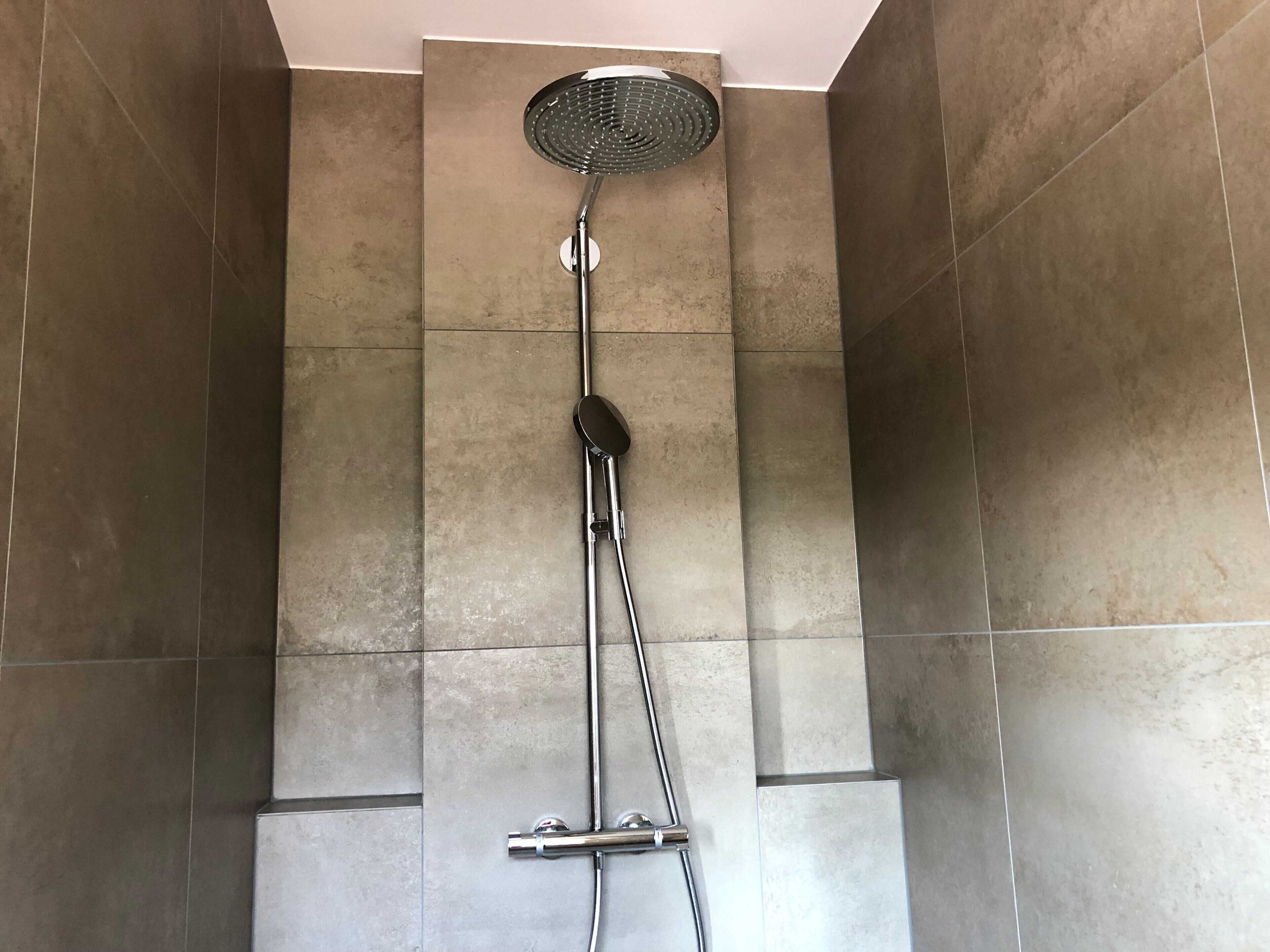 Une douche équipée d’un pommeau de douche à main et d’un pommeau de douche mural en forme de pluie.