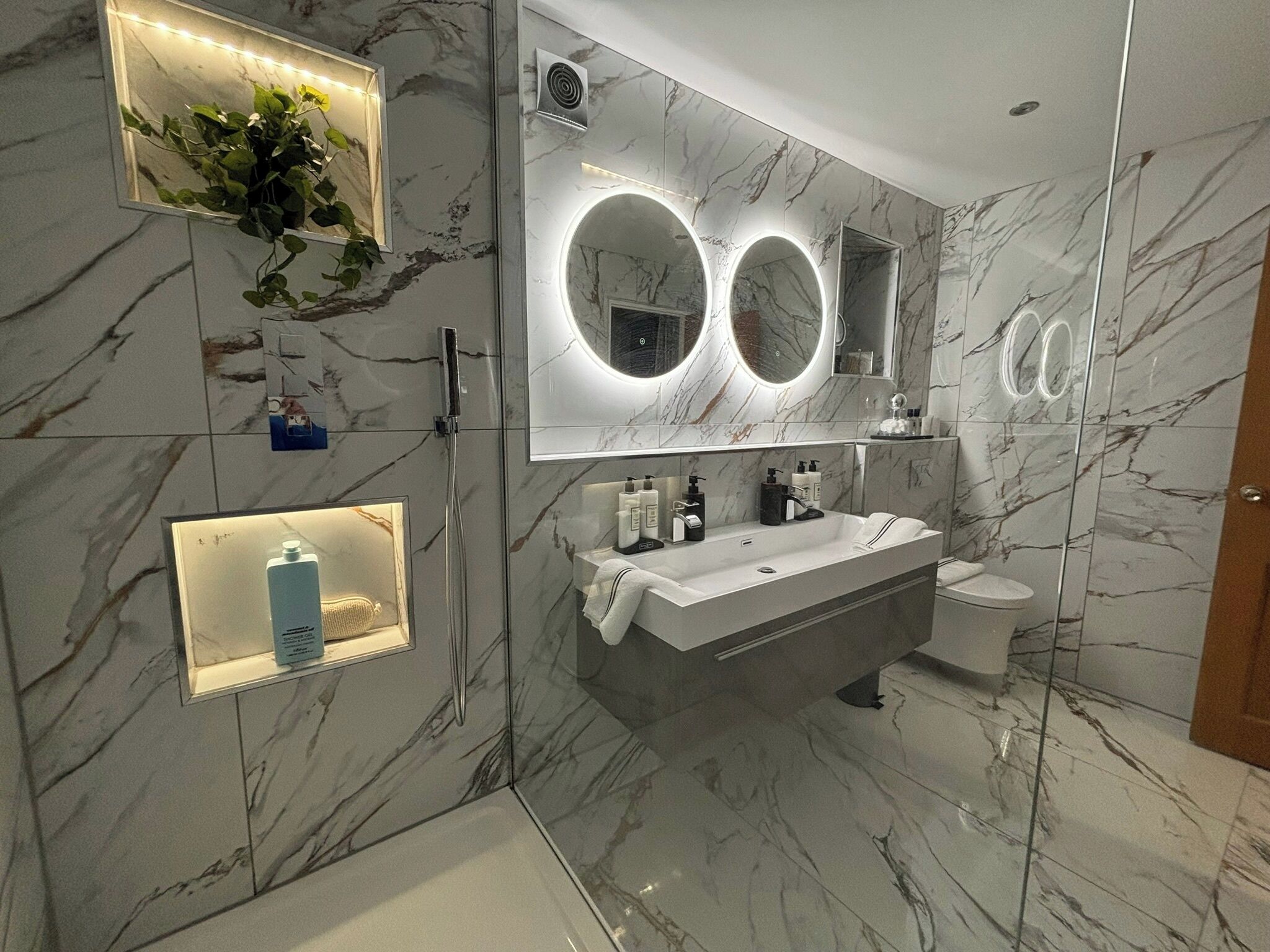 Shower, hair dryer, towels