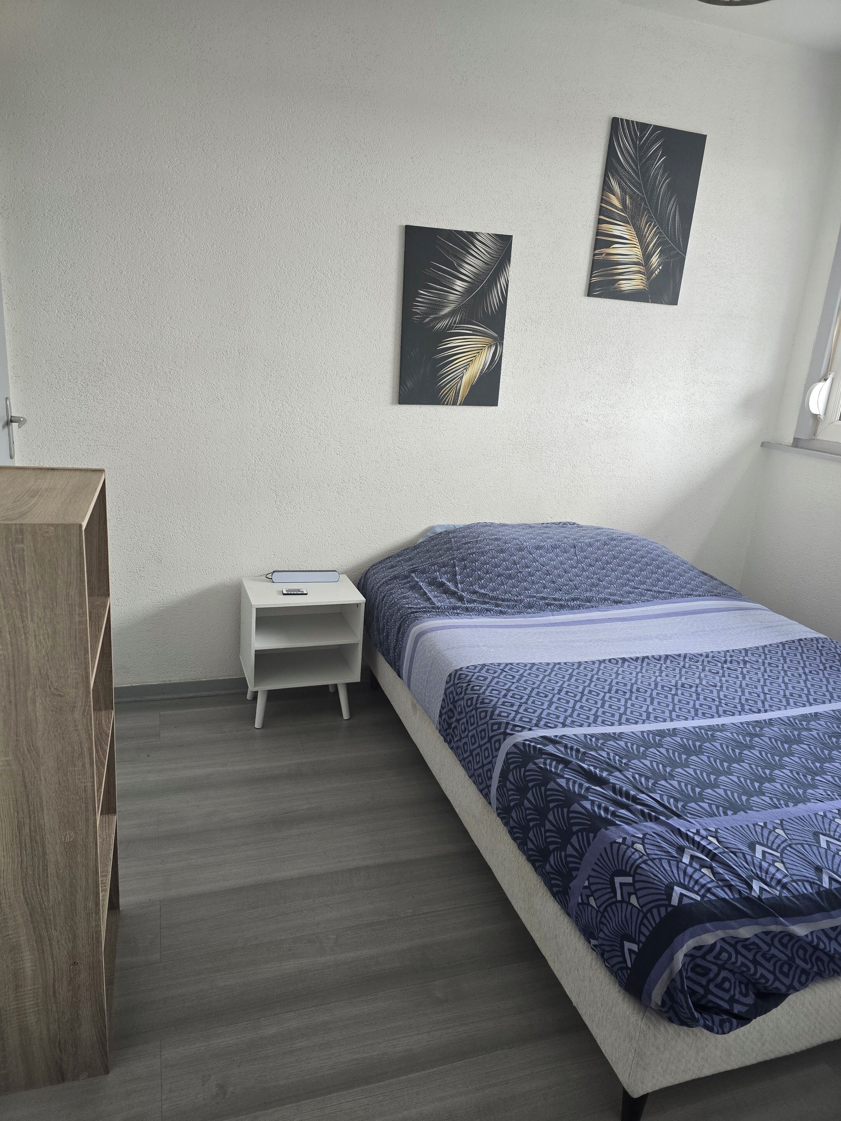 A bedroom with a bed, a nightstand, a wooden wardrobe, and two wall-mounted artworks.