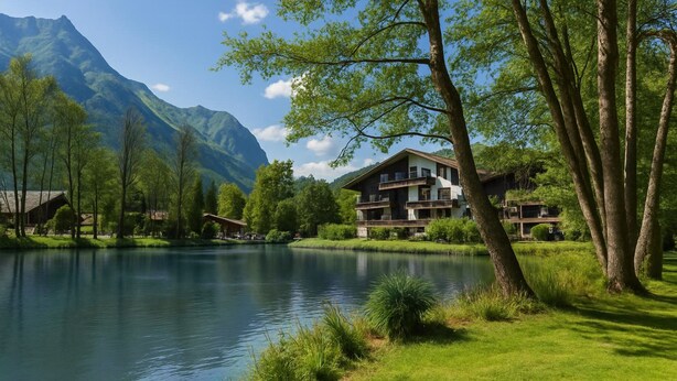 Un hotel frente a un lago, con montañas al fondo, un espacio con césped y un edificio con varios balcones.