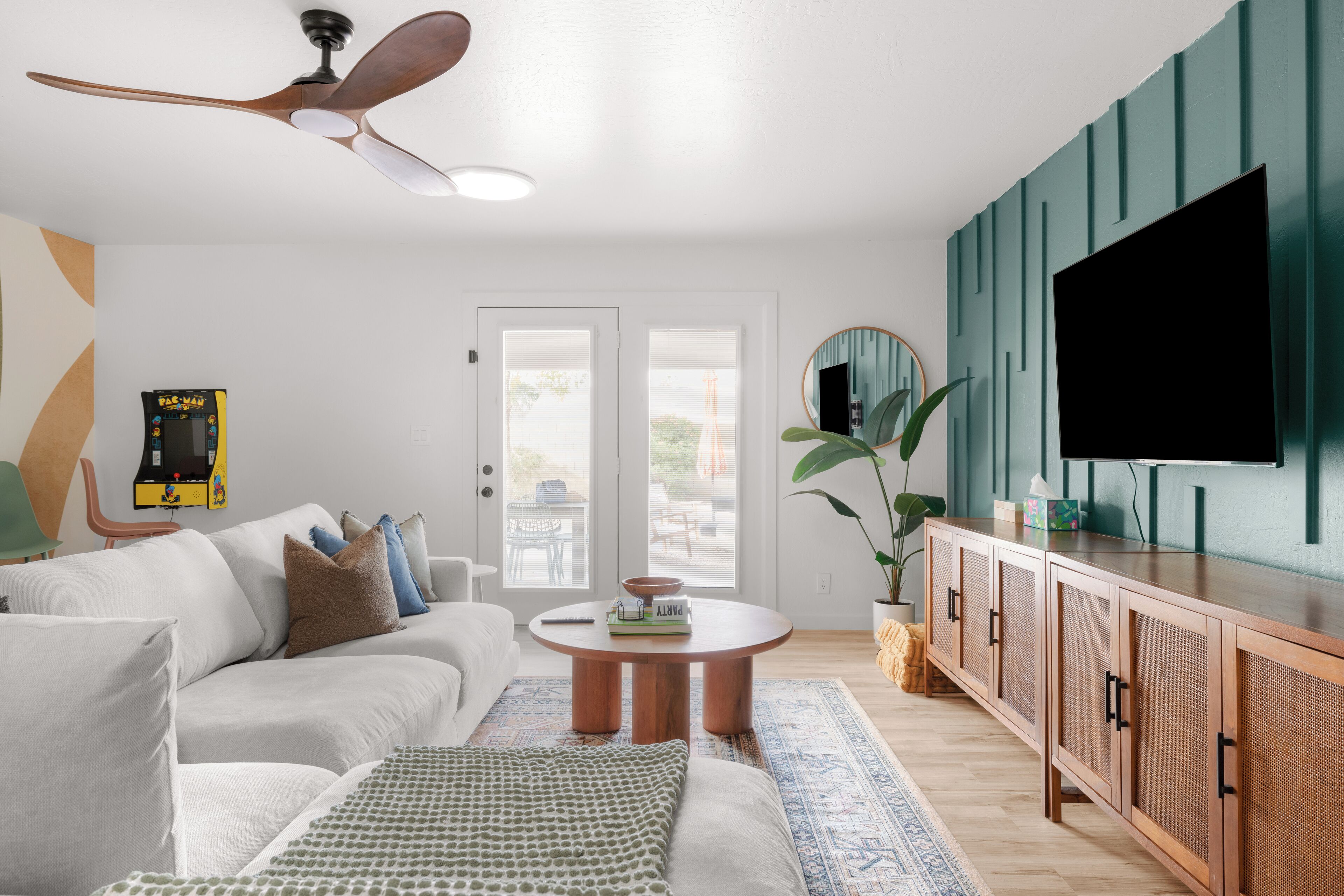 Smart TV, fireplace, video games, foosball