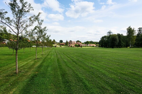 A well-maintained grassy field with a row of trees and a large building in the background. - Villa in Varvazov With Garden Retreat (Varvažov)