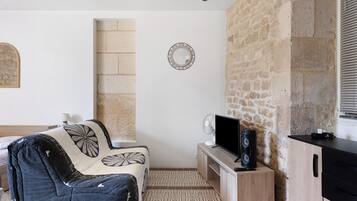 Une pièce avec un lit, une télévision, un haut-parleur, un miroir et un mur en pierre.