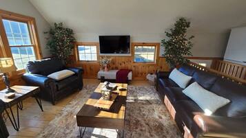 Télévision, cheminée, chaîne hi-fi