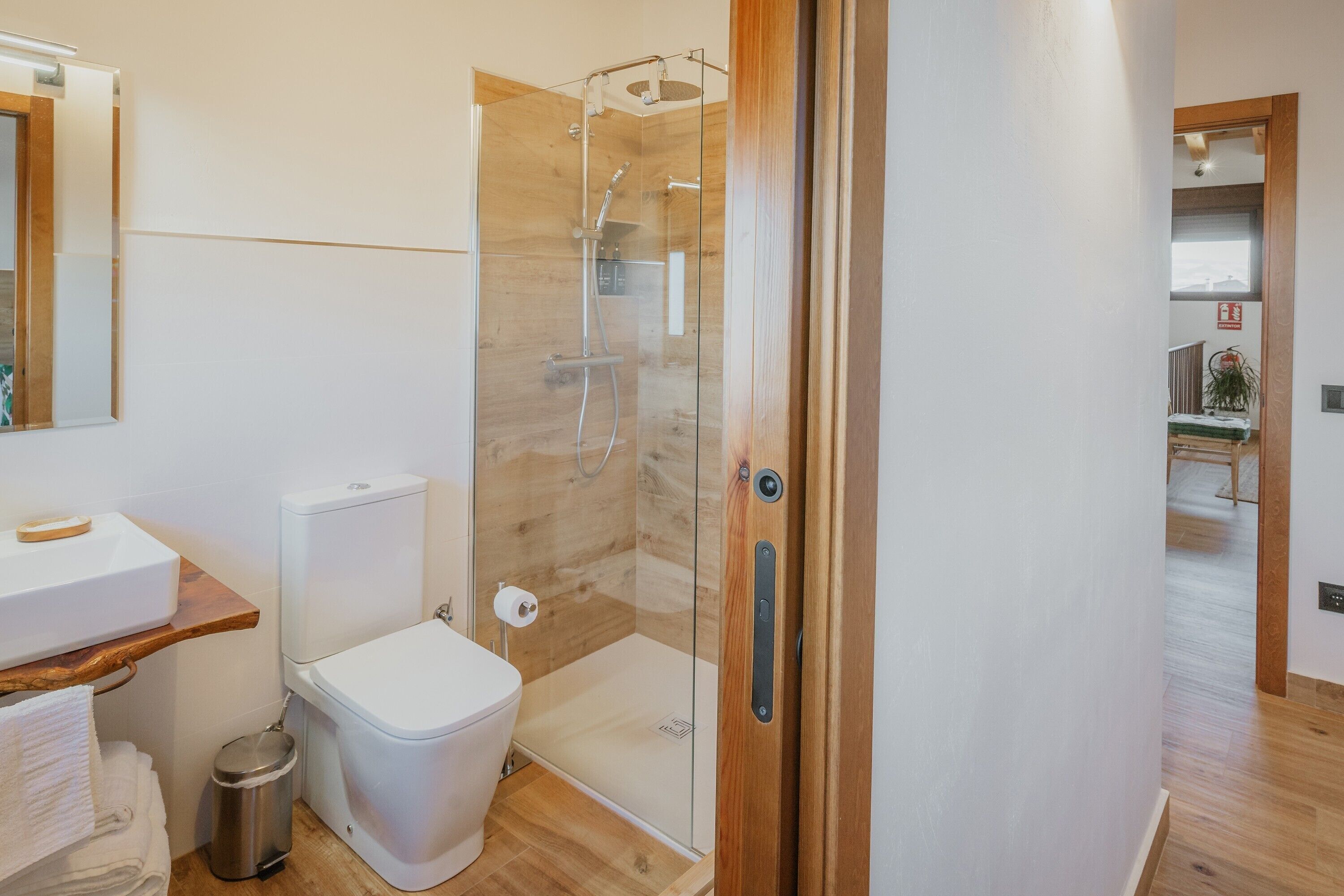 Een moderne badkamer met een douchecabine van glas, een toilet en een wastafel.