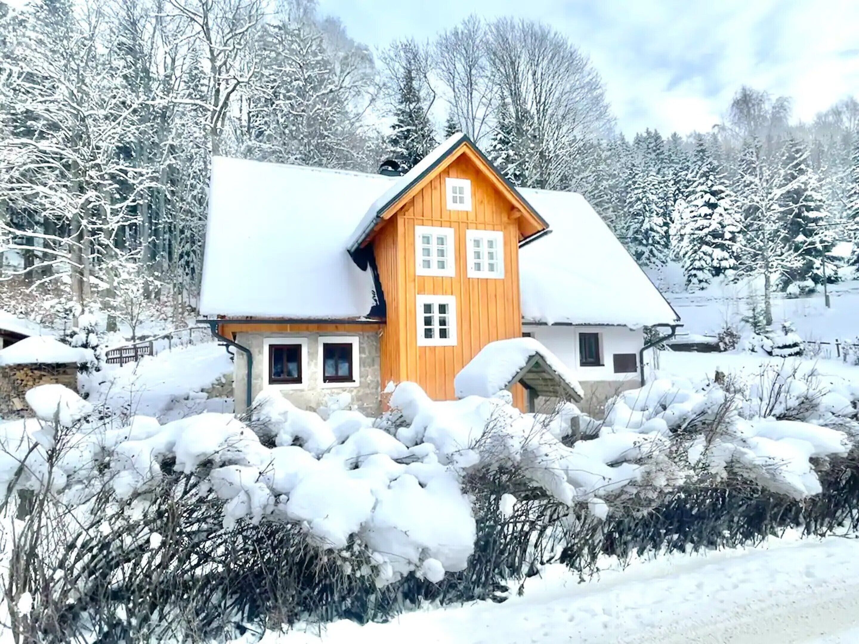 A wooden house with a snow-covered roof and two visible windows, surrounded by snow-covered trees and bushes.