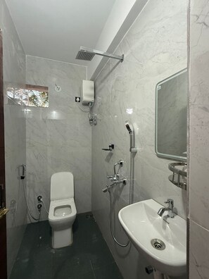 Un bagno con il water, un lavandino, una doccia e uno specchio.