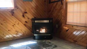 Une pièce chaleureuse avec des murs en bois, une cheminée et un sol carrelé.