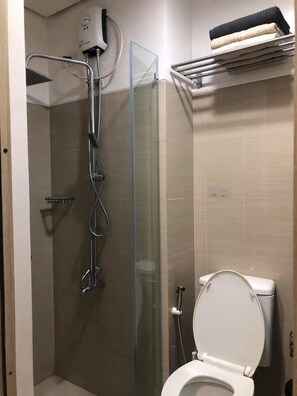 Shower, hair dryer, bidet, towels