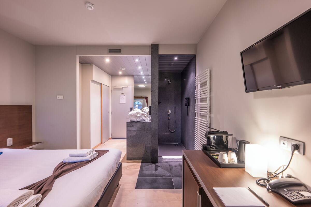 Une chambre d’hôtel comprenant un lit, un bureau avec un téléphone, une télévision et un espace douche.