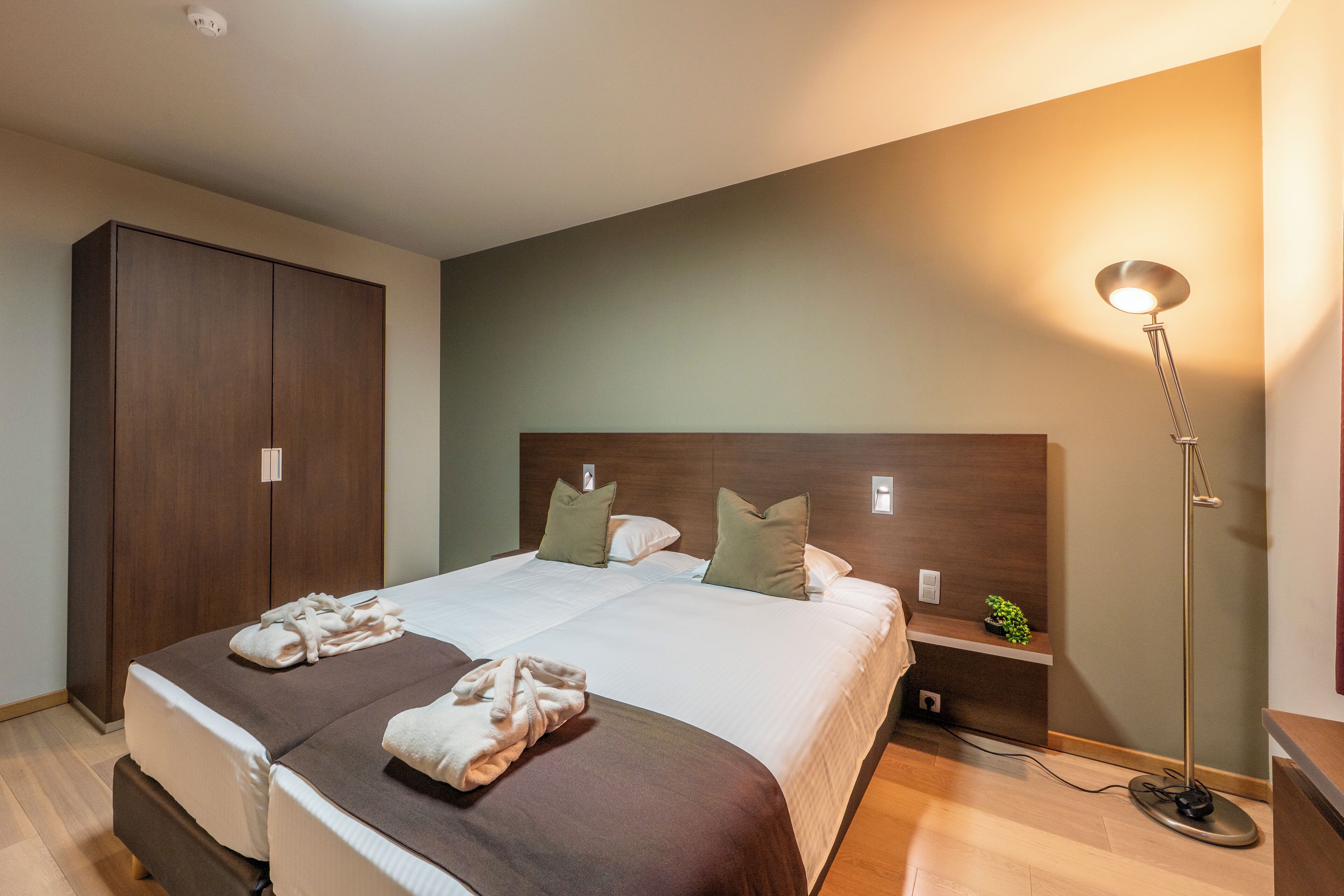 A hotel room with a large bed, a wardrobe, a bedside table with a lamp, and a small plant.