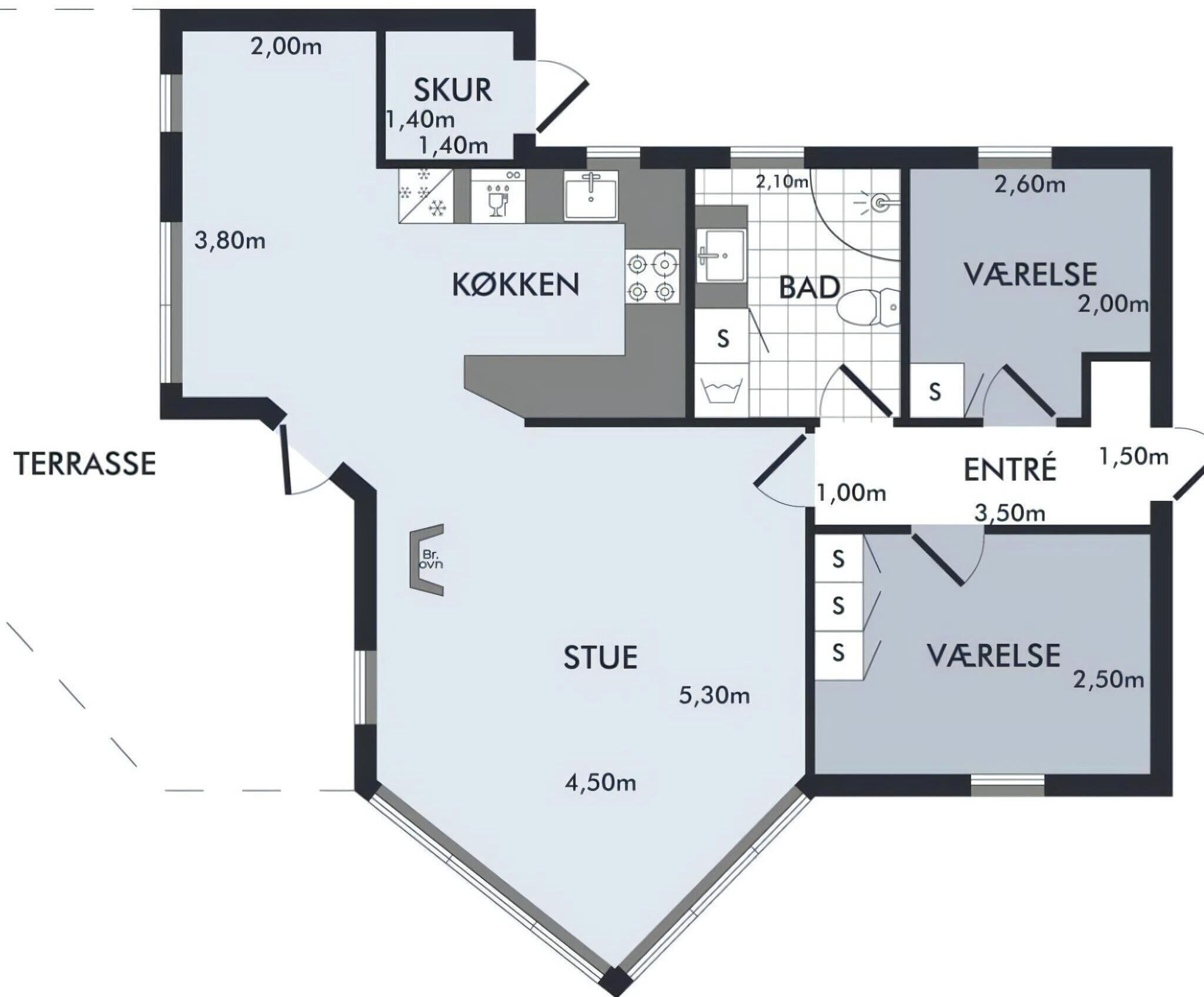 A floor plan with a terrace, kitchen, bathroom, and two bedrooms.