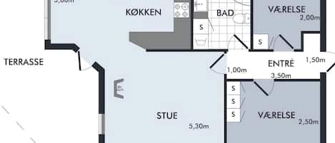 A floor plan with a terrace, kitchen, bathroom, and two bedrooms.