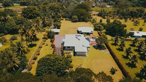 An aerial view of a residential area with houses surrounded by lush greenery and palm trees. - Paparadise, a haven of peace in the heart of Papara on the island of Tahiti. (Paparā)