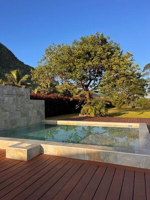 A swimming pool with a wooden deck, surrounded by lush greenery and a large tree. - Paparadise, a haven of peace in the heart of Papara on the island of Tahiti. (Paparā)