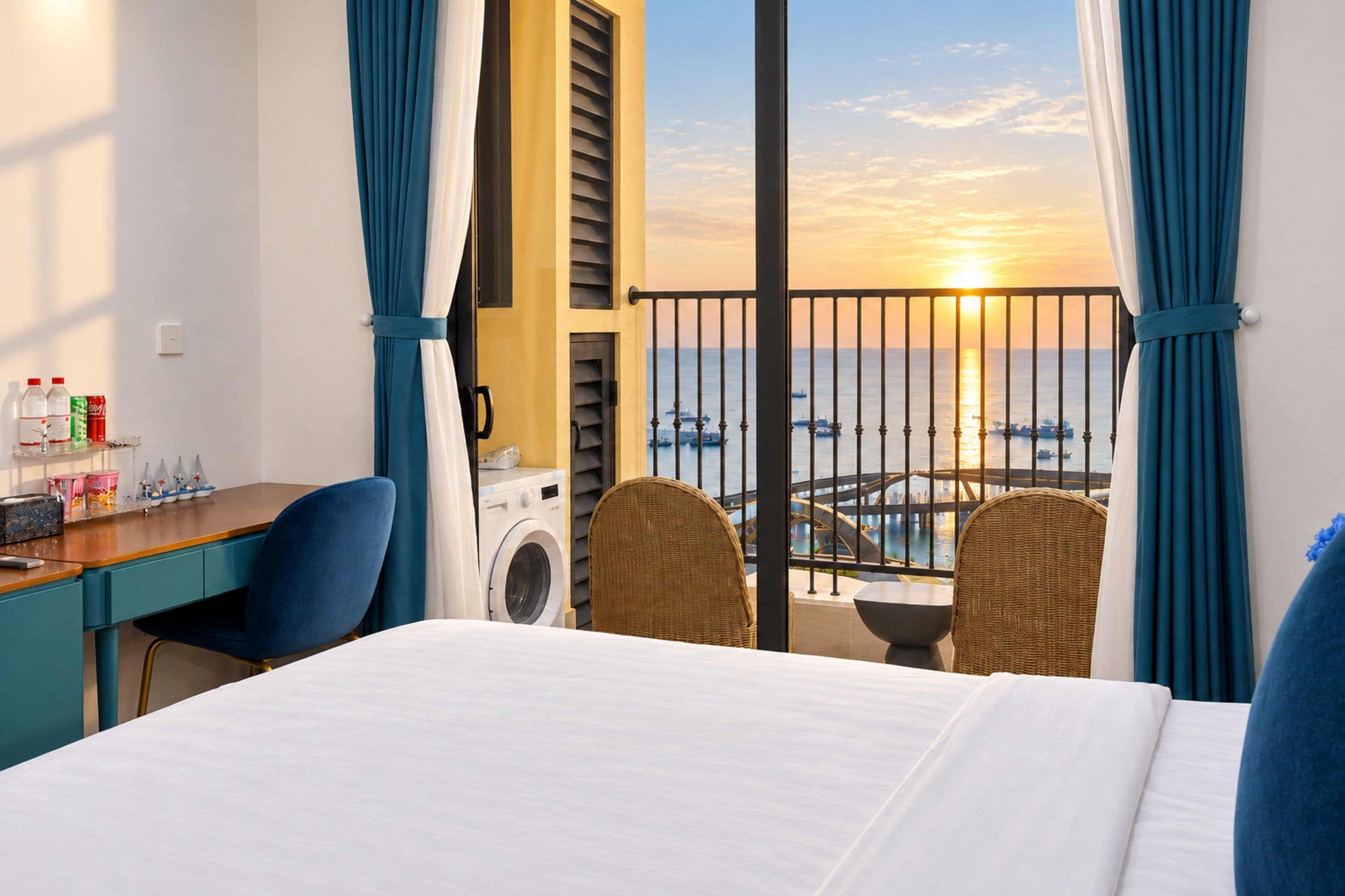 A hotel room with a bed, a desk, a washing machine, a chair, and a view of the sea at sunset.