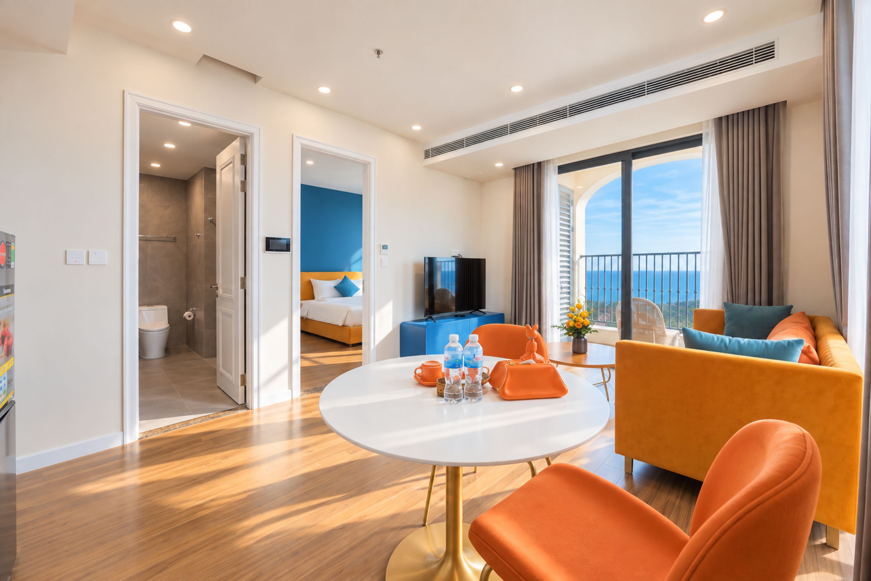 Una habitación de hotel moderna con balcón, zona de comedor y baño independiente.