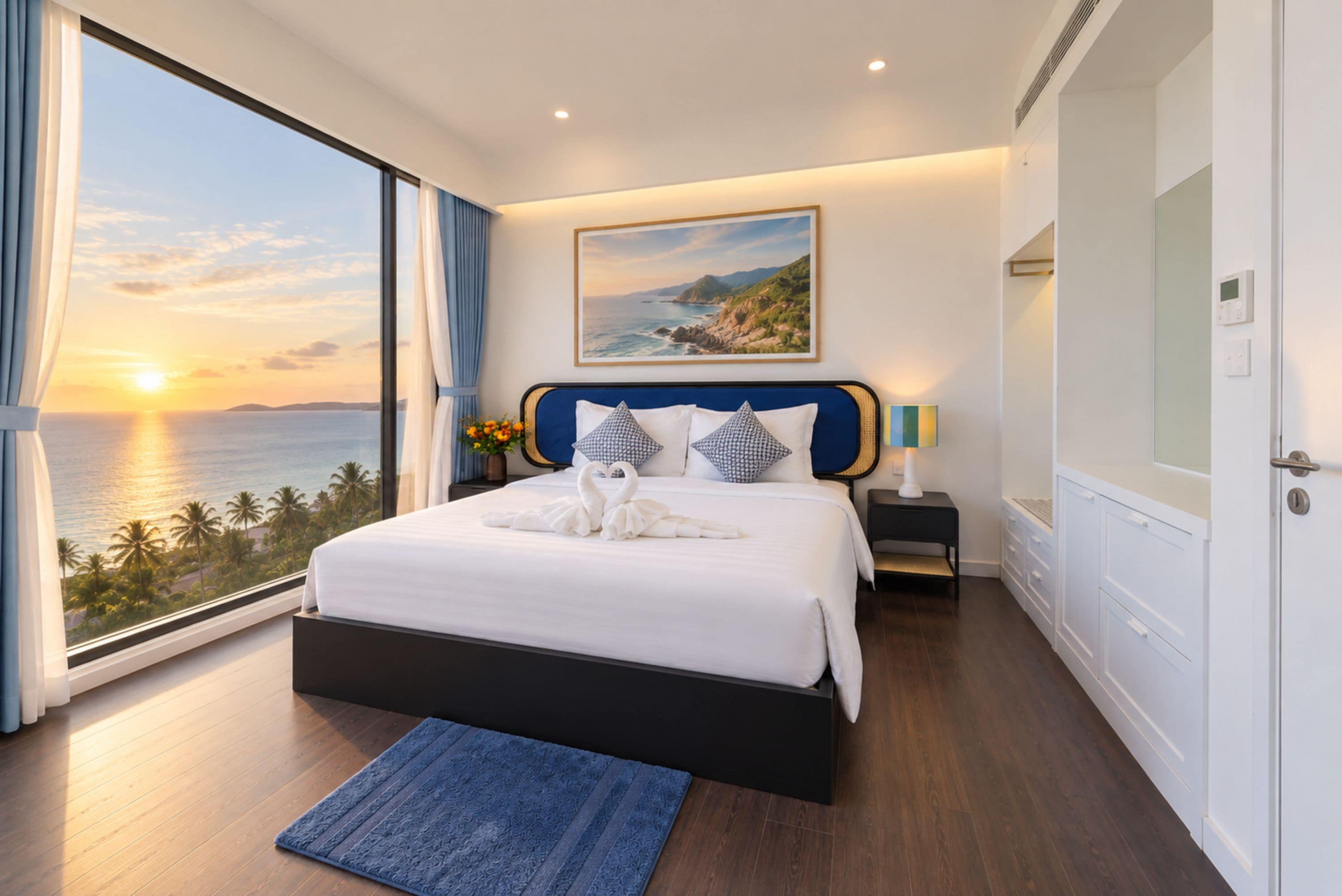 Ein modernes Hotelzimmer mit einem großen Bett, Meerblick und einem Bild an der Wand.