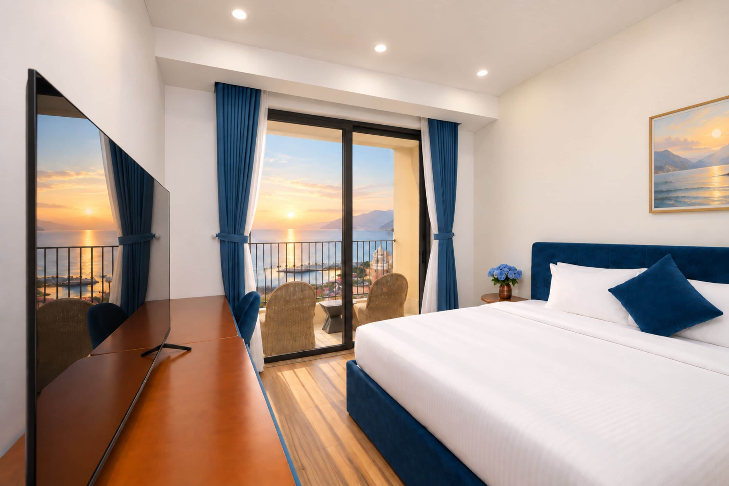 A hotel room with a bed, a desk, a chair, and a view of the sea.