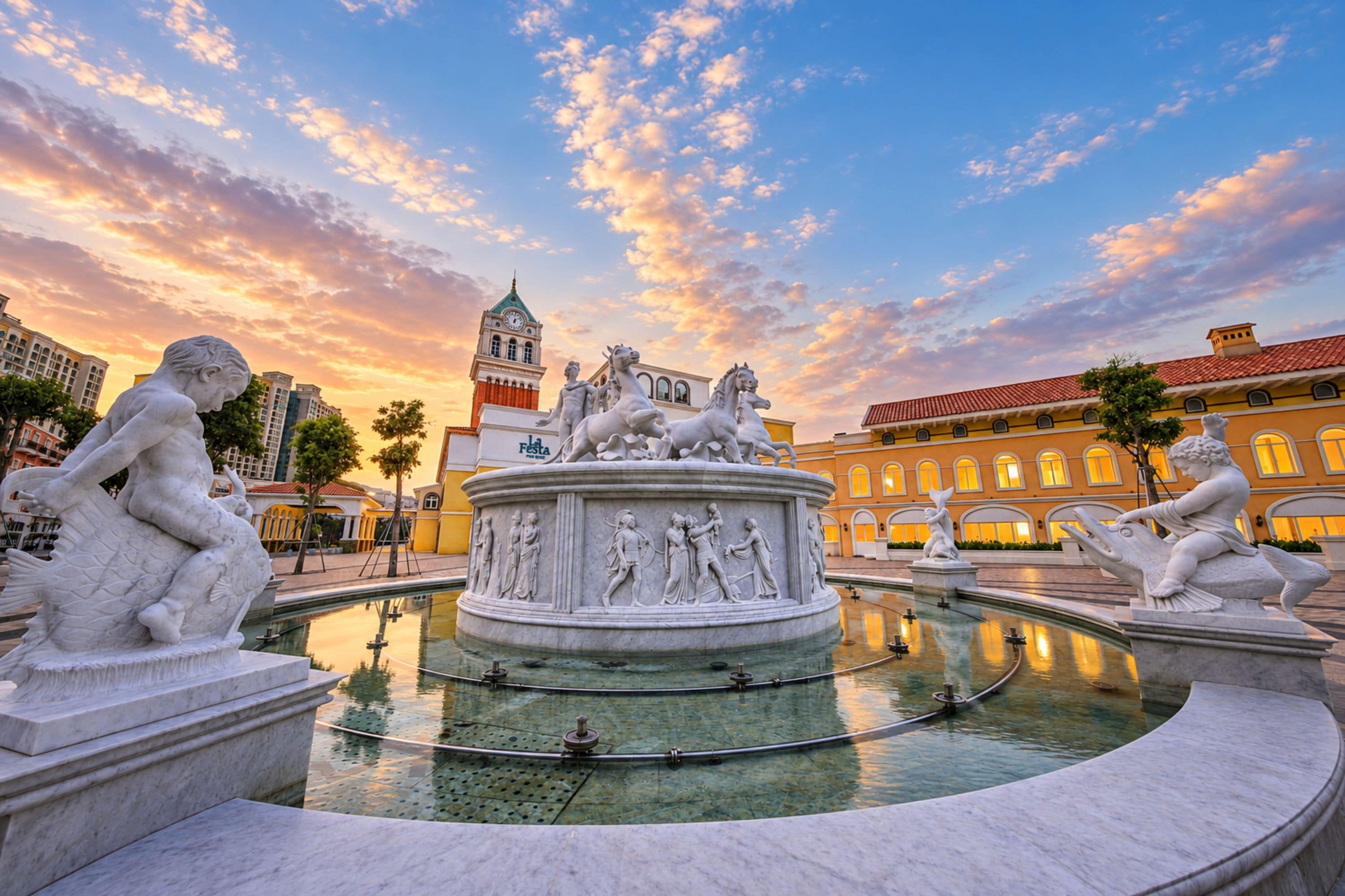 Ein Brunnen mit klassischen Skulpturen, umgeben von einem Spiegelteich, vor einer Kulisse aus historischen Gebäuden und einem Sonnenuntergangshimmel.