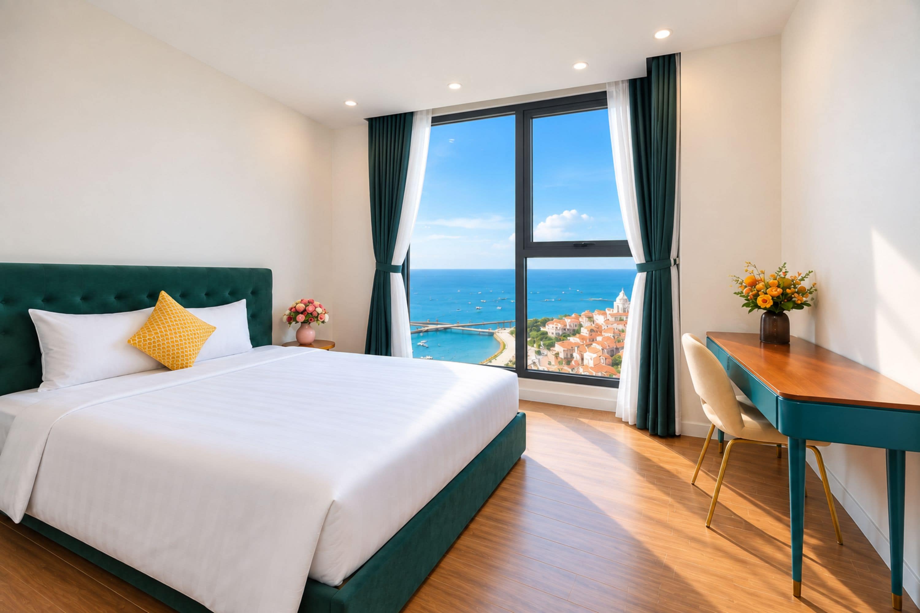 A hotel room with a bed, a desk, and a view of the sea.