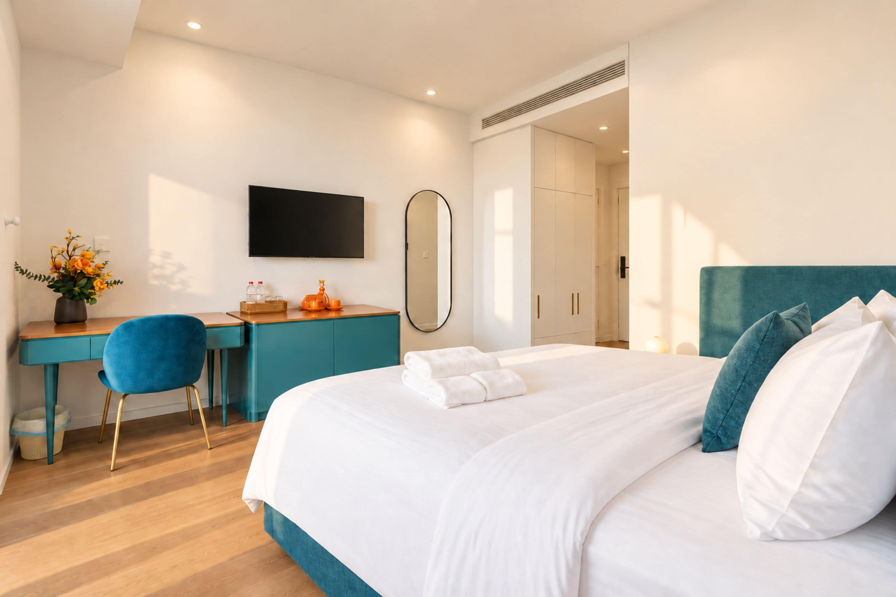 A modern hotel room with a bed, a desk, a chair, a flat-screen TV, and a mirror.