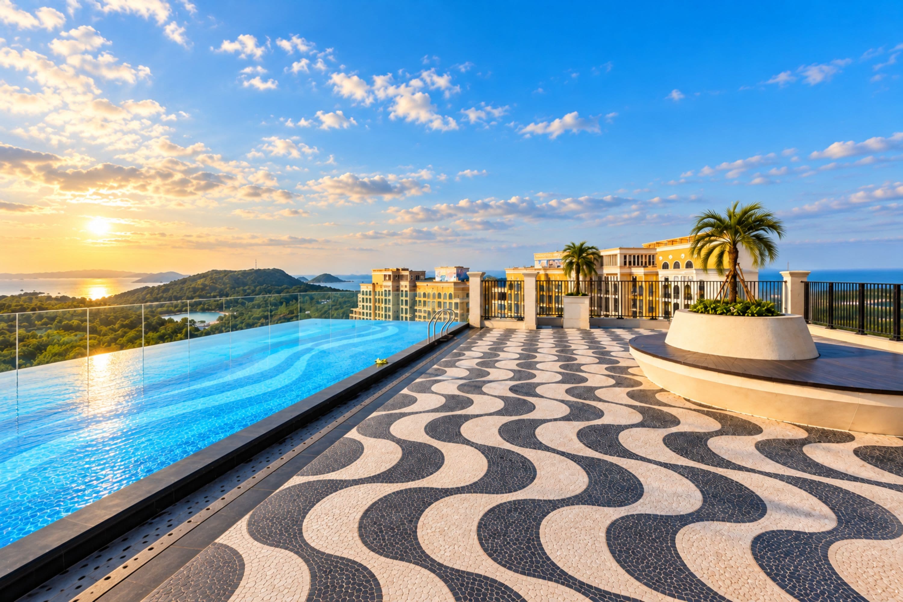 Una piscina infinita en la azotea con suelo estampado, con vistas a un paisaje costero con edificios y palmeras.