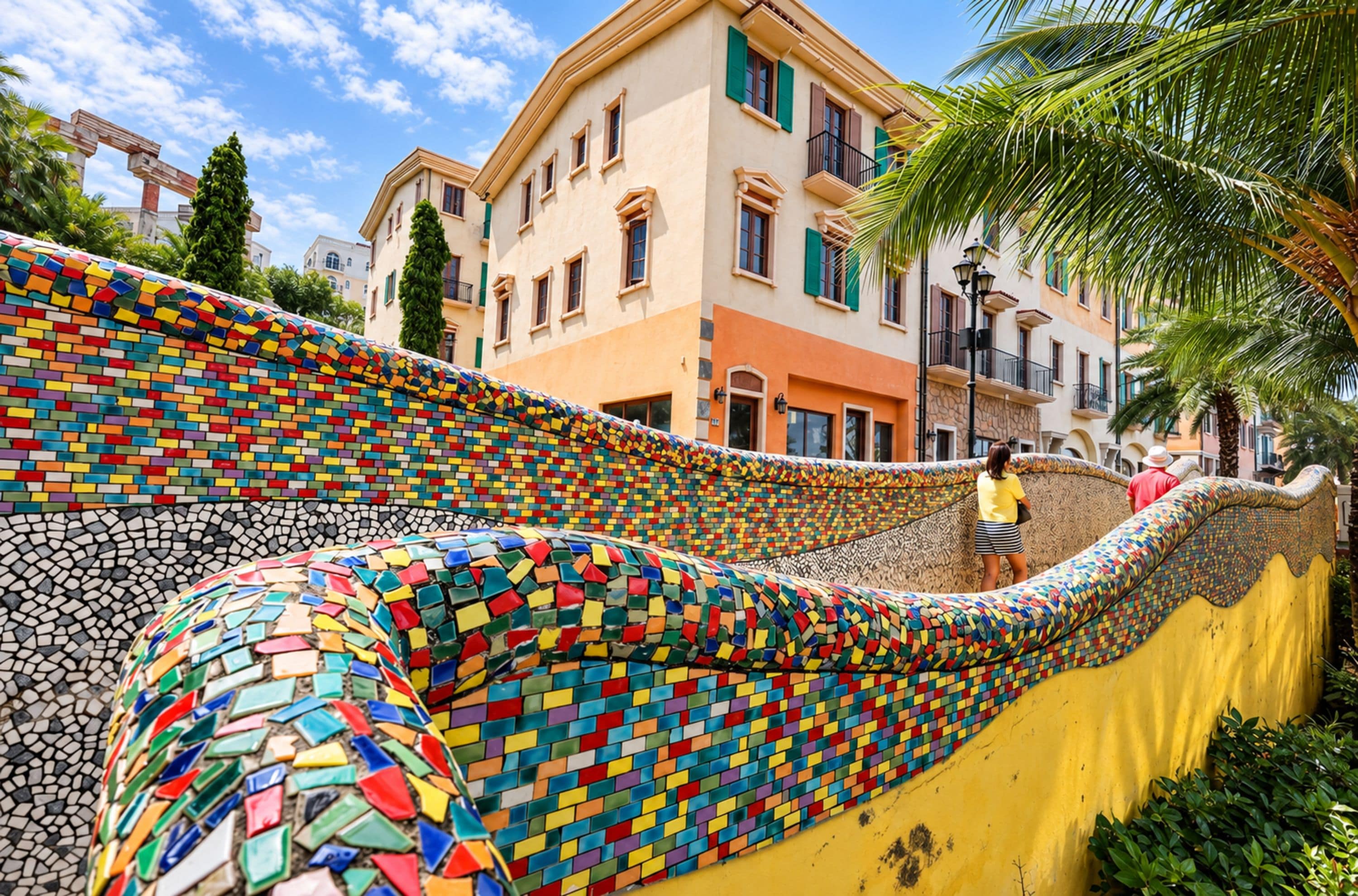 Uma parede com mosaico colorido e design curvo, uma parede amarela e um edifício com varandas ao fundo.