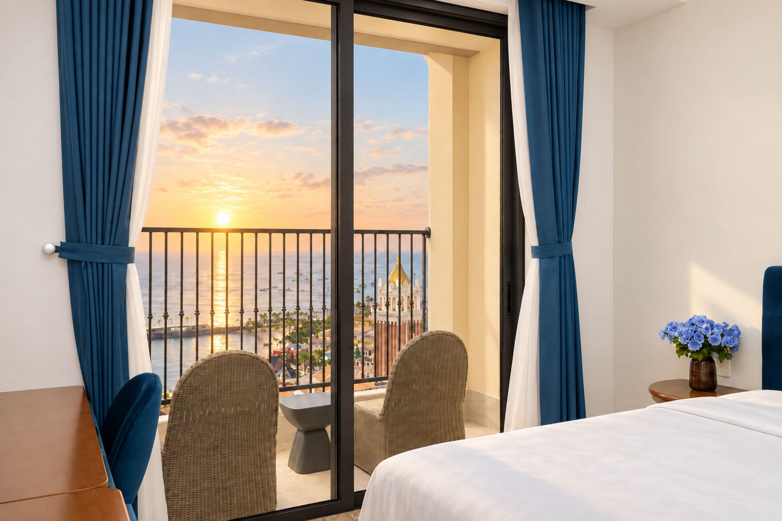 A hotel room with a balcony, a bed, two chairs, a small table, and a vase with flowers.