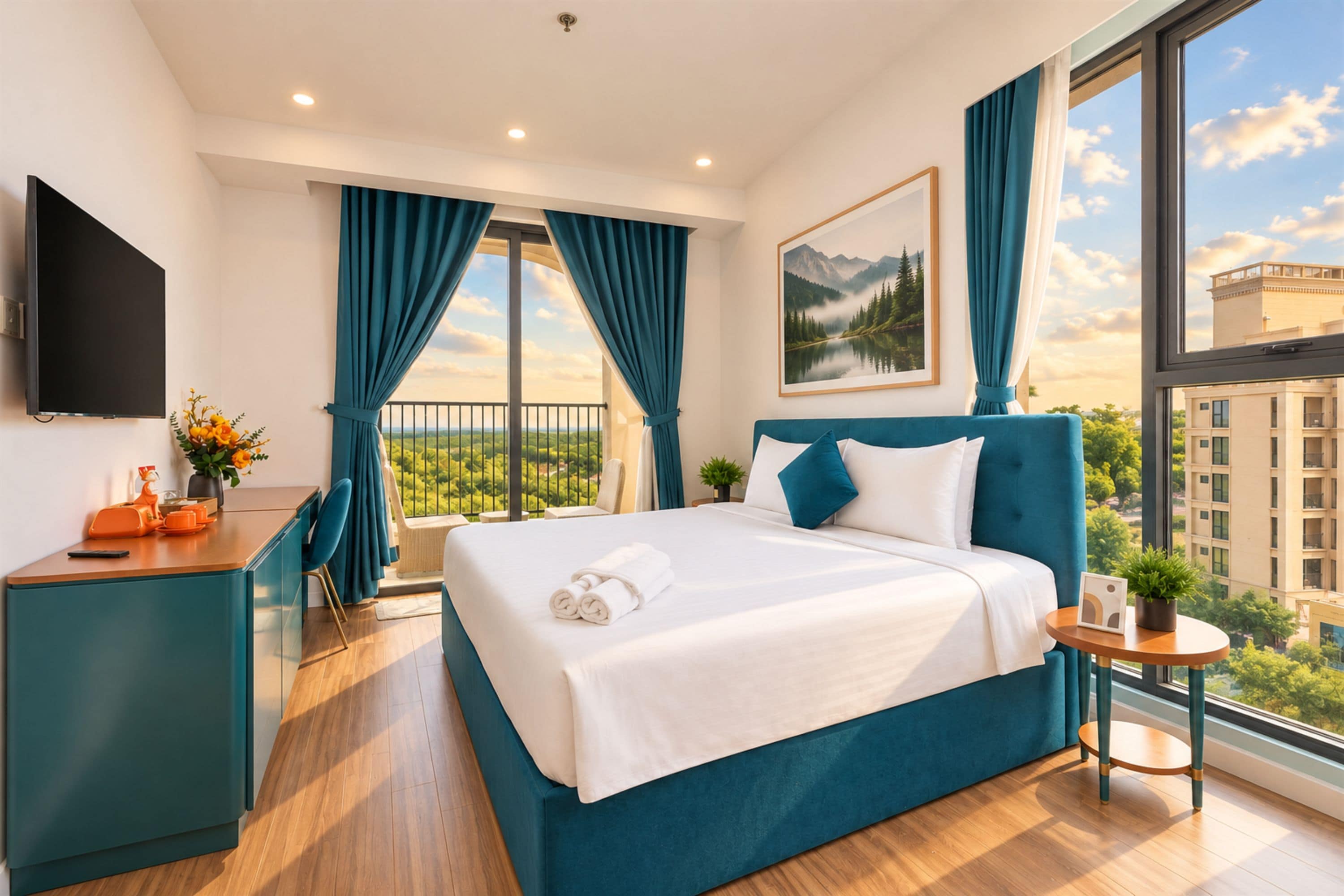 A modern hotel room with a large bed, a desk, and a TV.